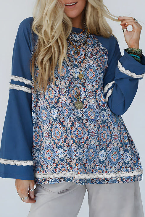 Geometric Paisley Lace Patchwork Raglan Sleeve Top