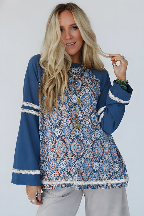 Geometric Paisley Lace Patchwork Raglan Sleeve Top