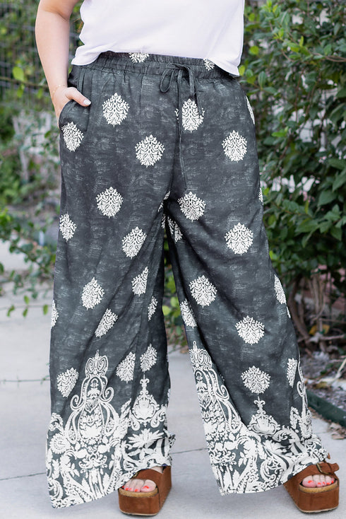 Geometric Paisley Print Bohemian Drawstring Wide Leg Pants