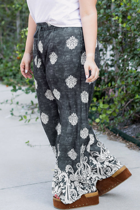 Geometric Paisley Print Bohemian Drawstring Wide Leg Pants