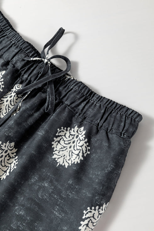 Geometric Paisley Print Bohemian Drawstring Wide Leg Pants