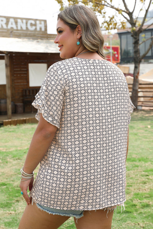 Geometric Paisley Print Ruffled Sleeve Bohemian Blouse
