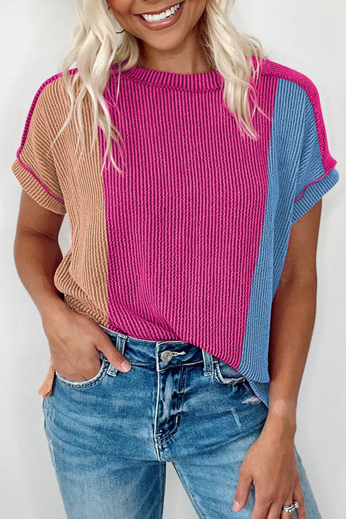 Geometric Panel Crew Neck Textured Short Sleeve Shirt