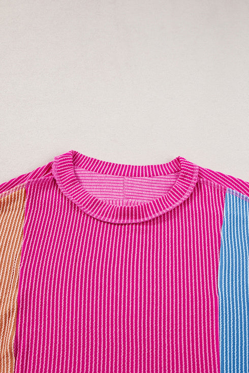 Geometric Panel Crew Neck Textured Short Sleeve Shirt