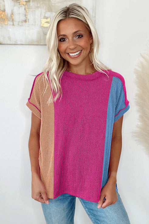 Geometric Panel Crew Neck Textured Short Sleeve Shirt