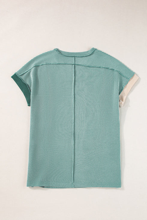 Geometric Panel Crew Neck Textured Short Sleeve Shirt
