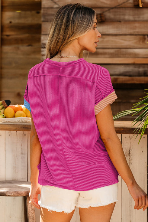 Geometric Panel Crew Neck Textured Short Sleeve Shirt