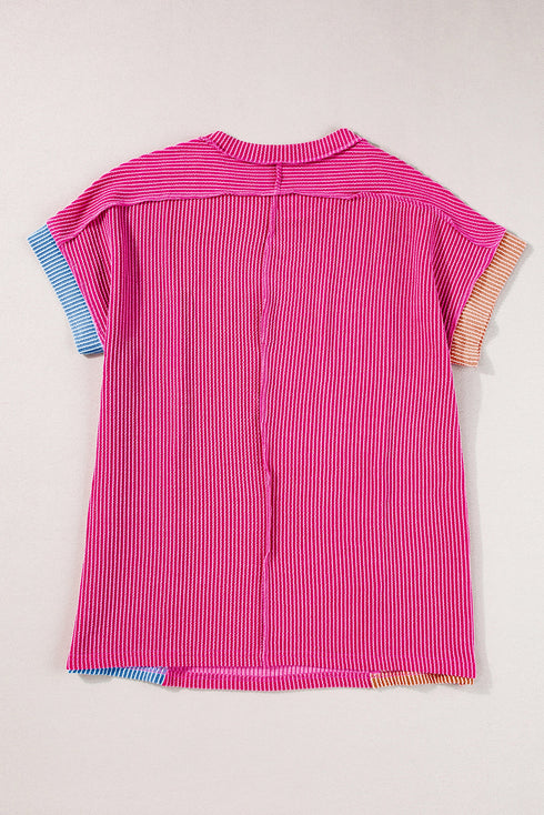 Geometric Panel Crew Neck Textured Short Sleeve Shirt