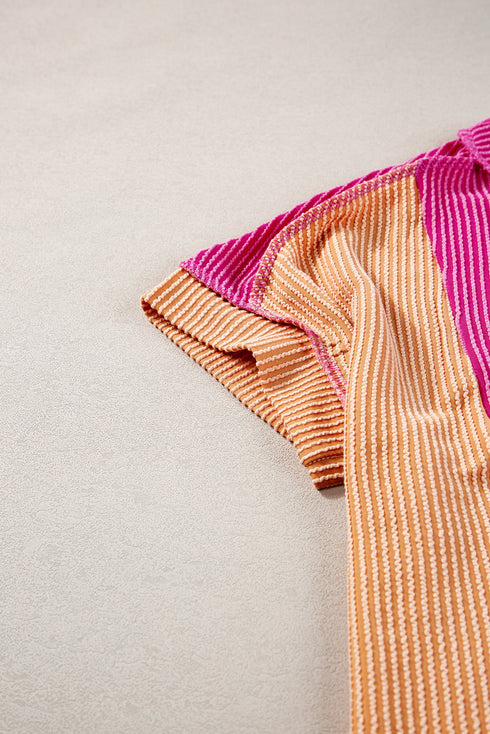 Geometric Panel Crew Neck Textured Short Sleeve Shirt