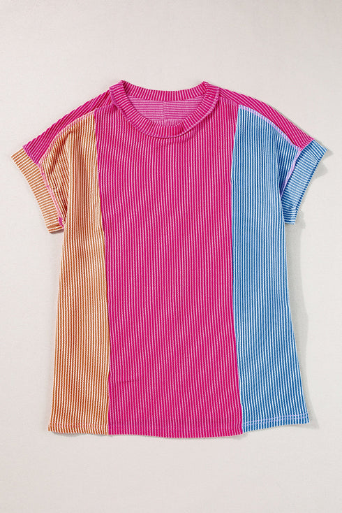 Geometric Panel Crew Neck Textured Short Sleeve Shirt
