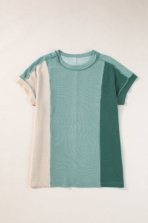 Geometric Panel Crew Neck Textured Short Sleeve Shirt
