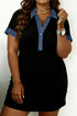 Geometric Panel Denim Collar Short Sleeve Shift Dress