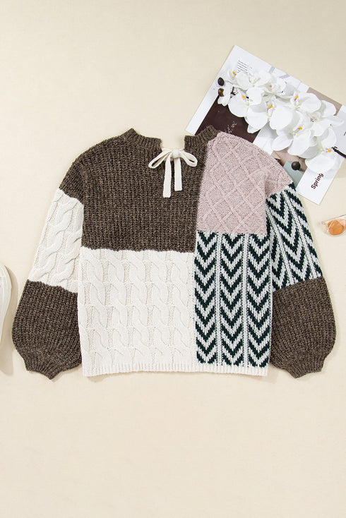 Geometric Panel Patchwork Knotted Back Loose Fit Sweater