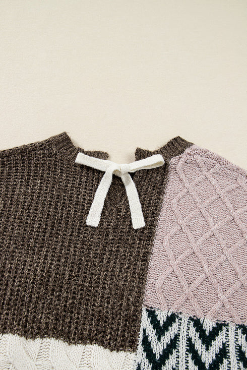 Geometric Panel Patchwork Knotted Back Loose Fit Sweater