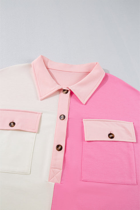 Geometric Paneled Patchwork Half Button Chest Pocket Sweatshirt