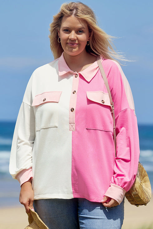Geometric Paneled Patchwork Half Button Chest Pocket Sweatshirt