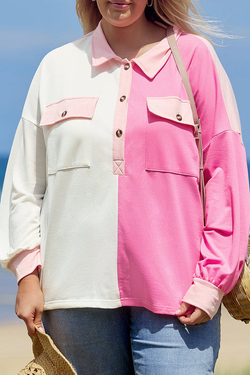 Geometric Paneled Patchwork Half Button Chest Pocket Sweatshirt