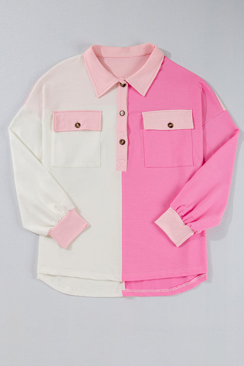 Geometric Paneled Patchwork Half Button Chest Pocket Sweatshirt