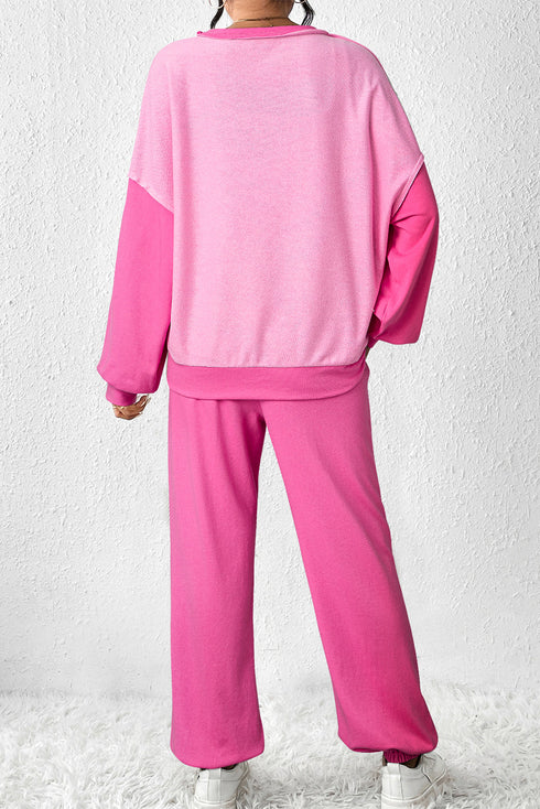 Geometric Paneled Patchwork Pullover Wide Leg Pant Set