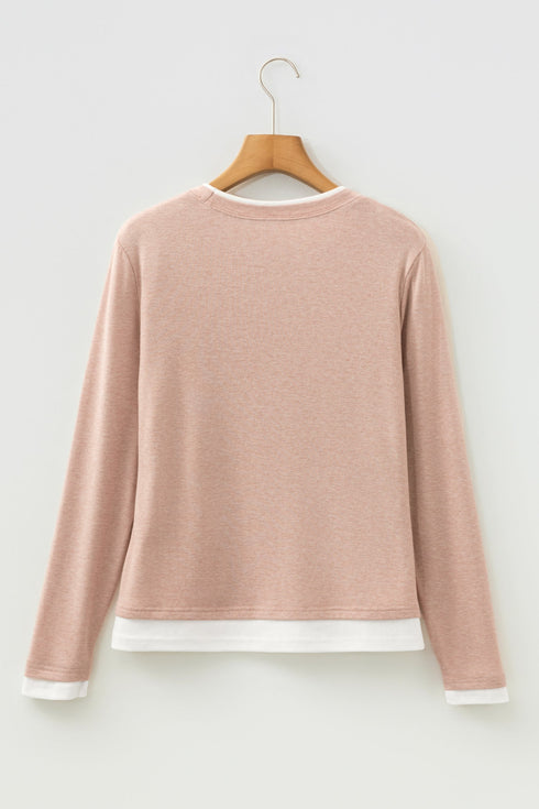 Geometric Patchwork False Layered Crew Neck Top