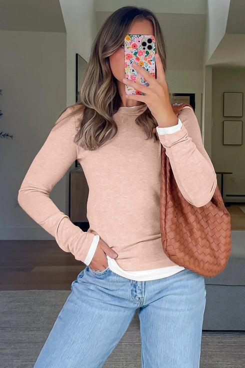 Geometric Patchwork False Layered Crew Neck Top