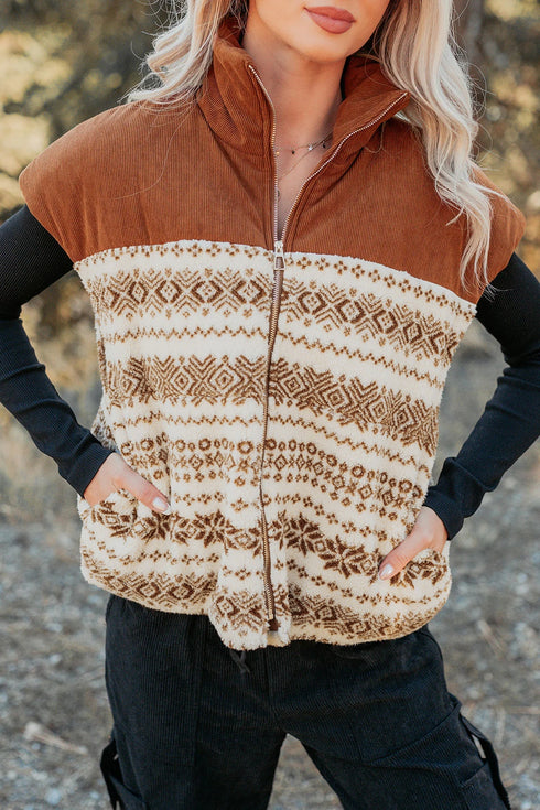 Geometric Patchwork Metal Zipper Collar Fleece Vest