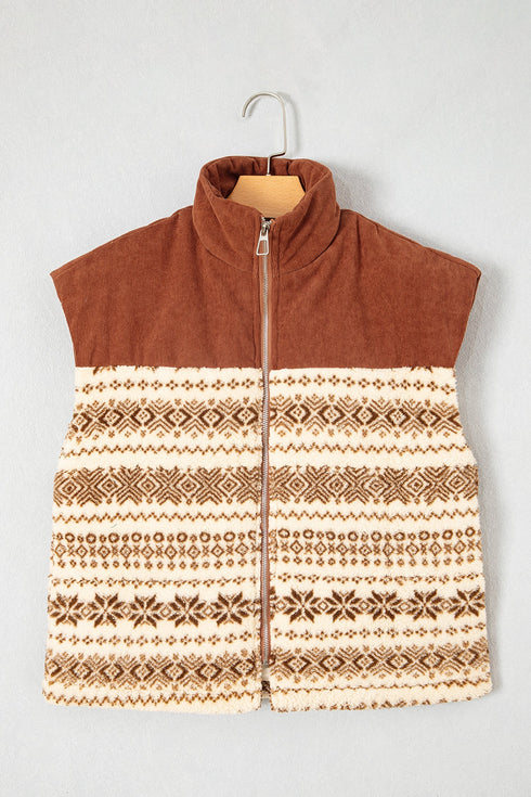 Geometric Patchwork Metal Zipper Collar Fleece Vest