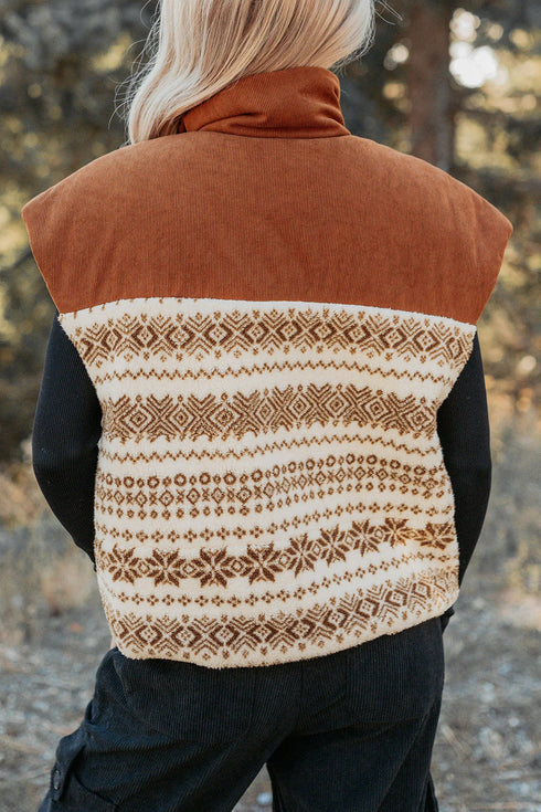 Geometric Patchwork Metal Zipper Collar Fleece Vest