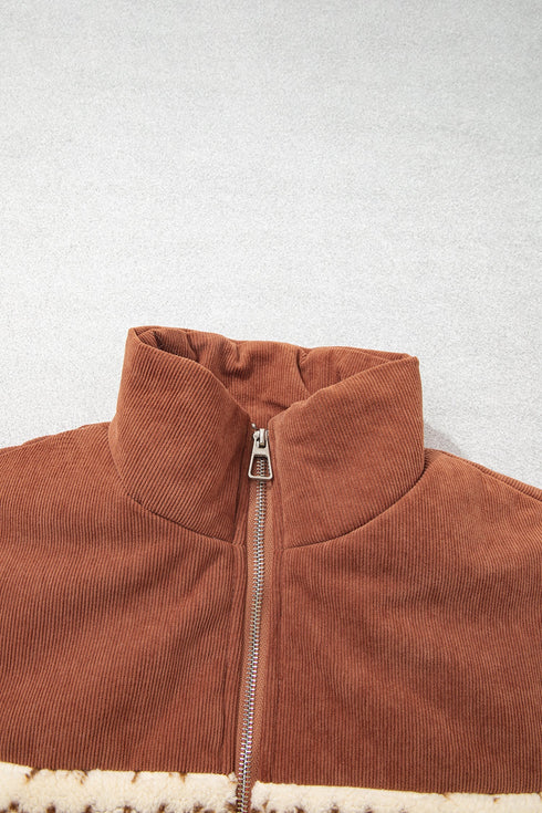 Geometric Patchwork Metal Zipper Collar Fleece Vest