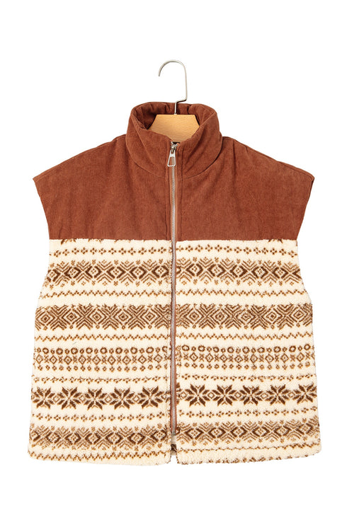 Geometric Patchwork Metal Zipper Collar Fleece Vest