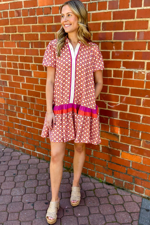 Geometric Patchwork Print Button Front Ruffle Hem Floral Dress