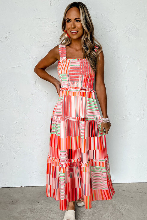 Geometric Patchwork Stripe Smocked Tiered Maxi Dress