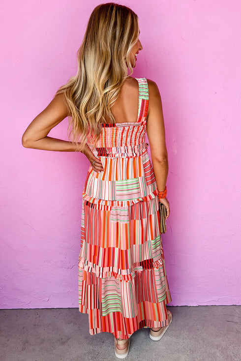Geometric Patchwork Stripe Smocked Tiered Maxi Dress