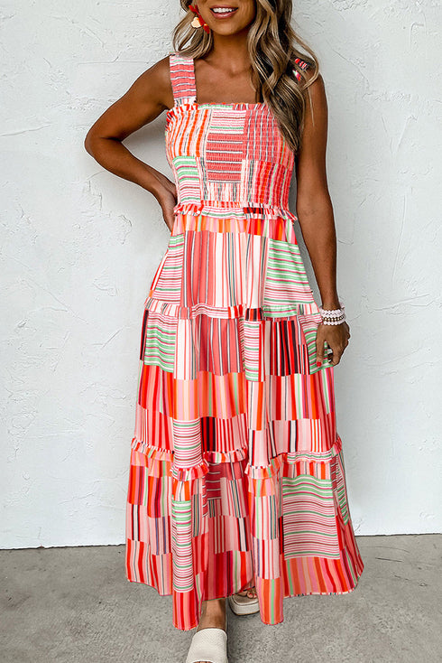 Geometric Patchwork Stripe Smocked Tiered Maxi Dress
