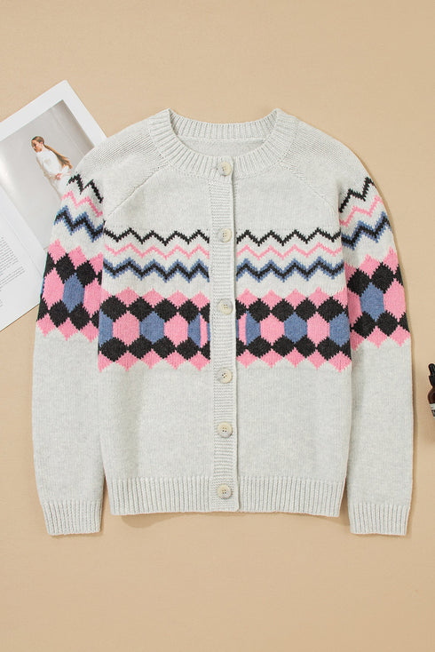 Geometric Pattern Button Front Knit Cardigan