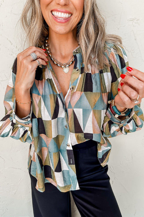 Geometric Pattern Lightweight Woven Button Down Shirt