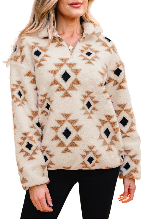 Geometric Pattern Quarter Zip Sherpa Pullover