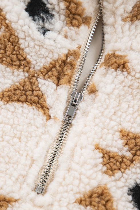 Geometric Pattern Quarter Zip Sherpa Pullover