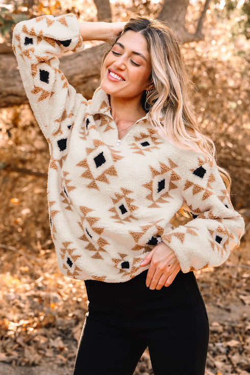 Geometric Pattern Quarter Zip Sherpa Pullover
