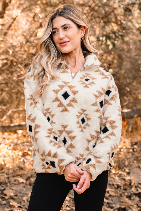 Geometric Pattern Quarter Zip Sherpa Pullover