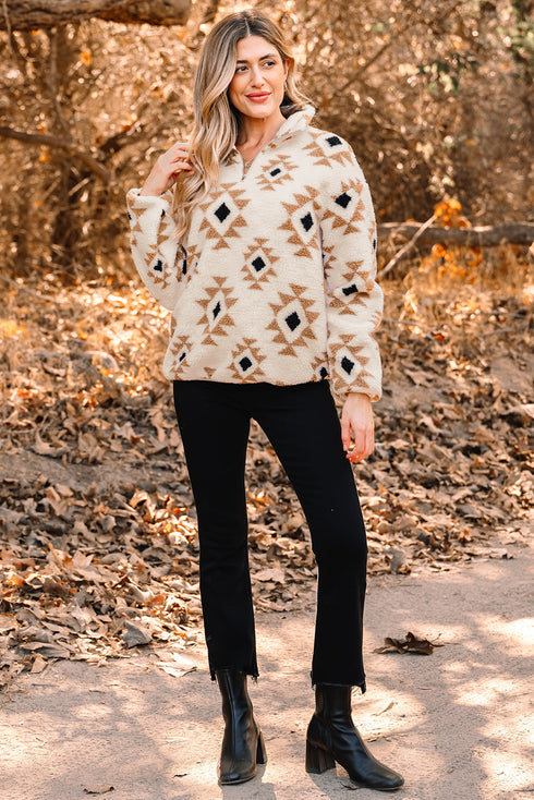 Geometric Pattern Quarter Zip Sherpa Pullover
