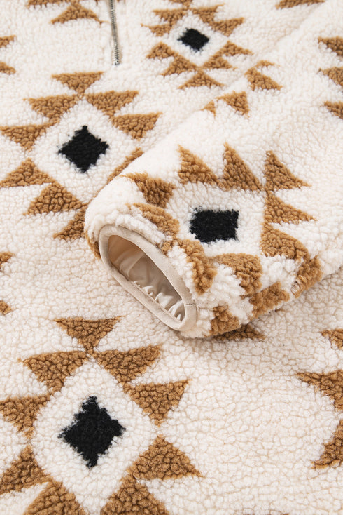 Geometric Pattern Quarter Zip Sherpa Pullover