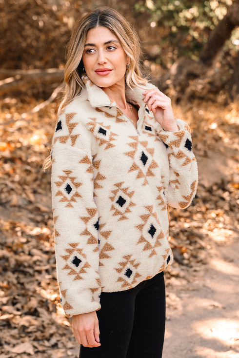 Geometric Pattern Quarter Zip Sherpa Pullover