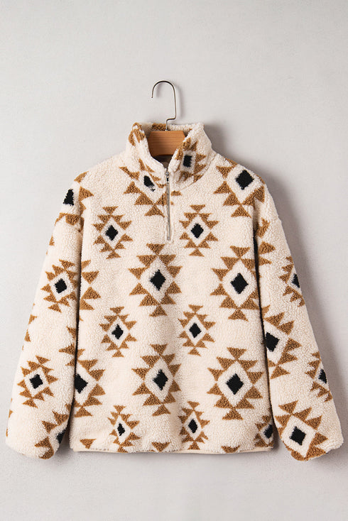 Geometric Pattern Quarter Zip Sherpa Pullover