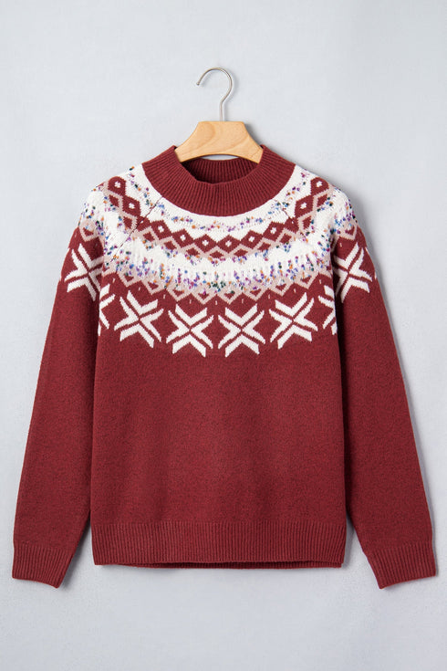 Geometric Pattern Round Neck Shift Knit Sweater
