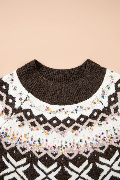 Geometric Pattern Round Neck Shift Knit Sweater