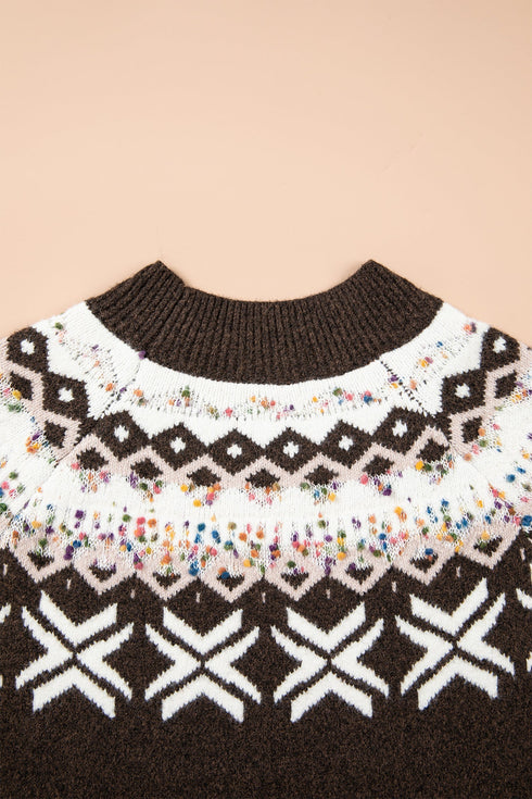 Geometric Pattern Round Neck Shift Knit Sweater
