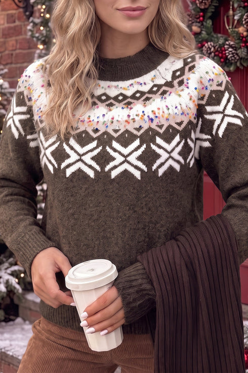 Geometric Pattern Round Neck Shift Knit Sweater