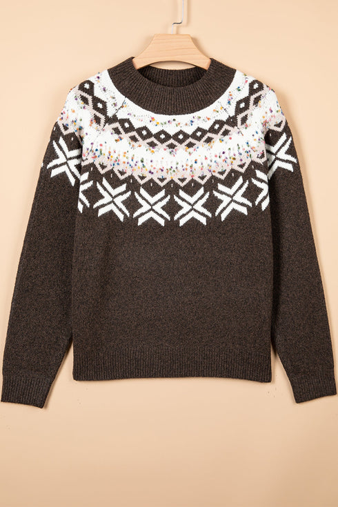 Geometric Pattern Round Neck Shift Knit Sweater