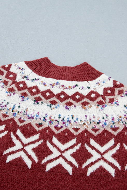 Geometric Pattern Round Neck Shift Knit Sweater